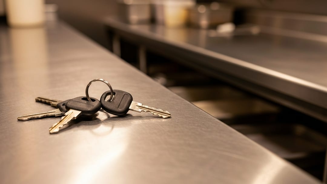 Llavero con llave maestra y tres sub-llaves sobre mesa de acero inoxidable en cocina de restaurante hispano de Chicago