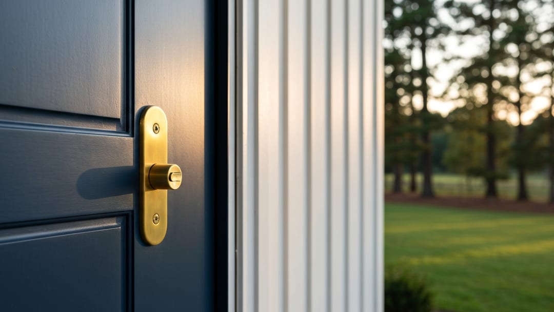 Cerrojo deadbolt brass Schlage Grade 1 instalado en puerta deep navy de casa brick two-flat en Pilsen Chicago