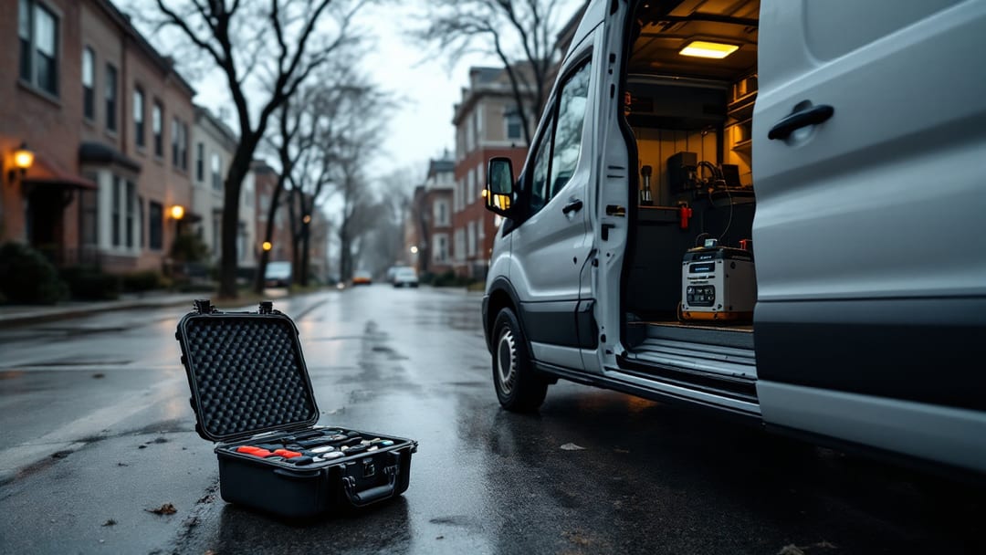 Maletín abierto de herramientas de cerrajería automotriz sobre el asiento de una camioneta de servicio estacionada en una calle residencial de Chicago
