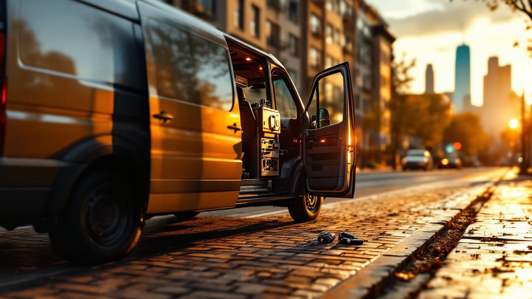 Técnico de cerrajería automotriz programando una llave nueva junto a un vehículo estacionado en Chicago