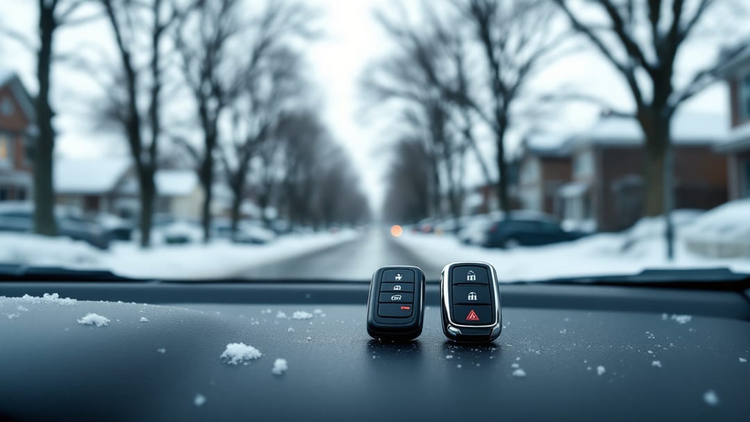 Llave abatible de Chevrolet junto a un control de proximidad sobre el tablero de un compacto estacionado en una calle de Chicago en invierno