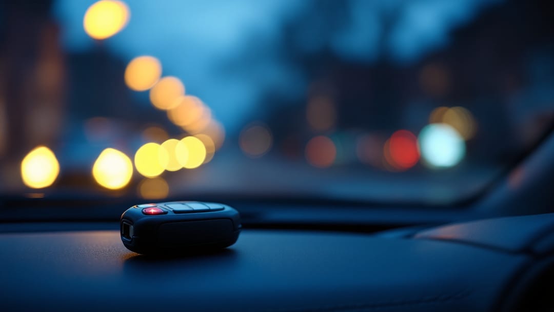 Control remoto de llave de carro sobre el tablero de un vehículo al anochecer con luces de la calle desenfocadas